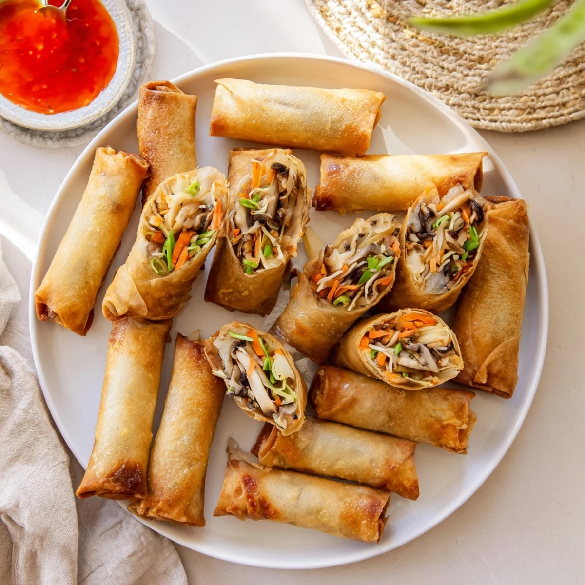 Plate of crunchy Asian crispy spring rolls filled with colorful vegetables and aromatics