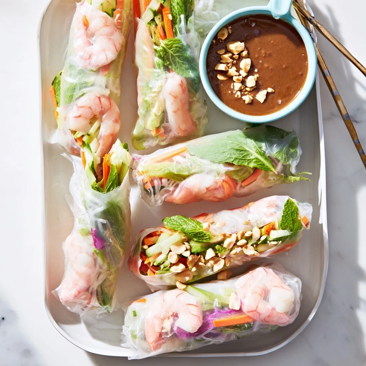 Fresh Vietnamese spring rolls with transparent rice paper wrapping crisp colorful vegetables and shrimp