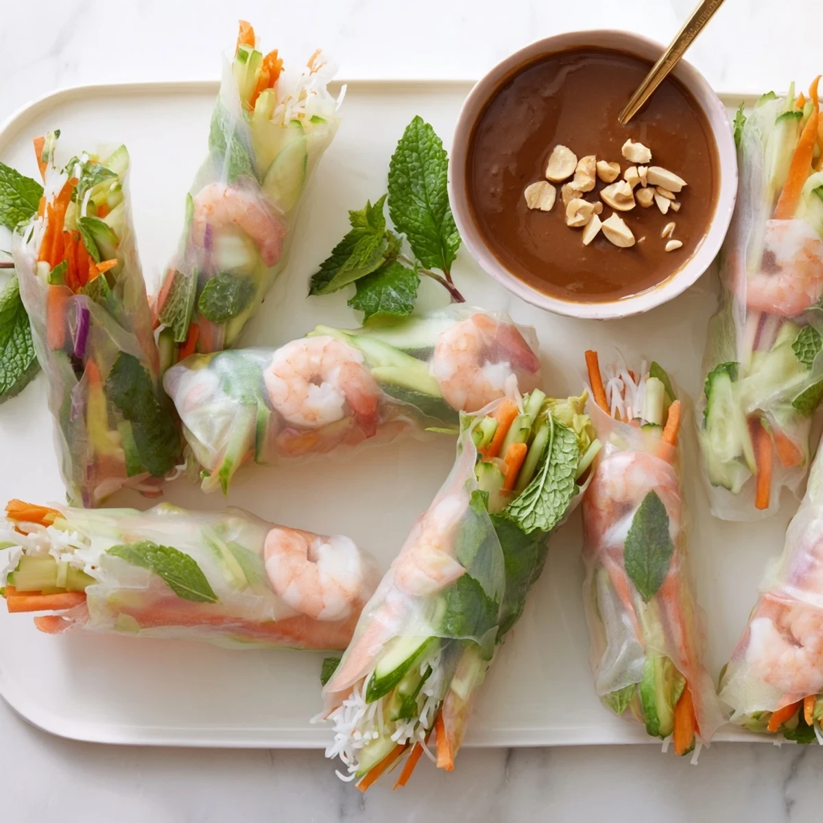 Vietnamese spring rolls plated with vibrant herbs vermicelli noodles and creamy peanut dipping sauce