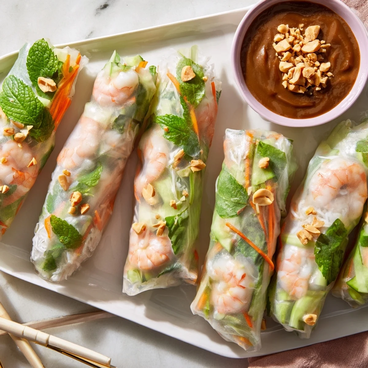 Homemade fresh Vietnamese spring rolls showcasing julienned carrots cucumber mint and pink steamed shrimp through translucent wrapper