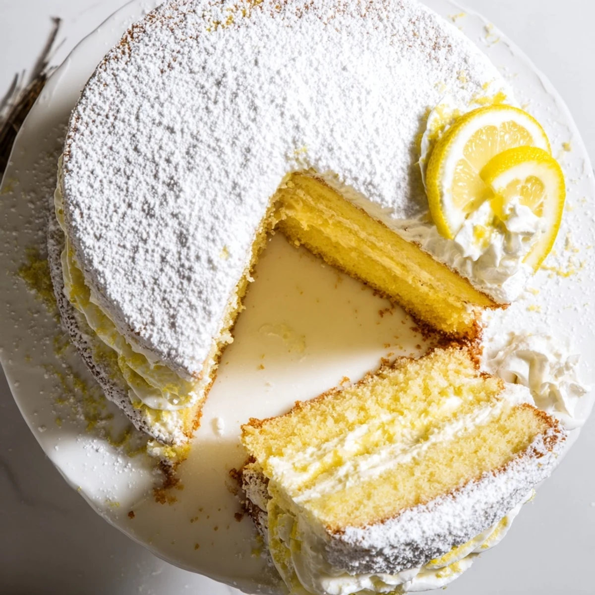 Two-layer Italian lemon cream cake slice showcasing zesty lemon cream between tender yellow sponge cake layers
