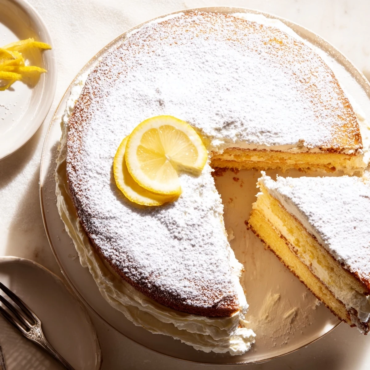 Golden Italian lemon cream cake with fluffy layers and tangy mascarpone lemon filling dusted in powdered sugar