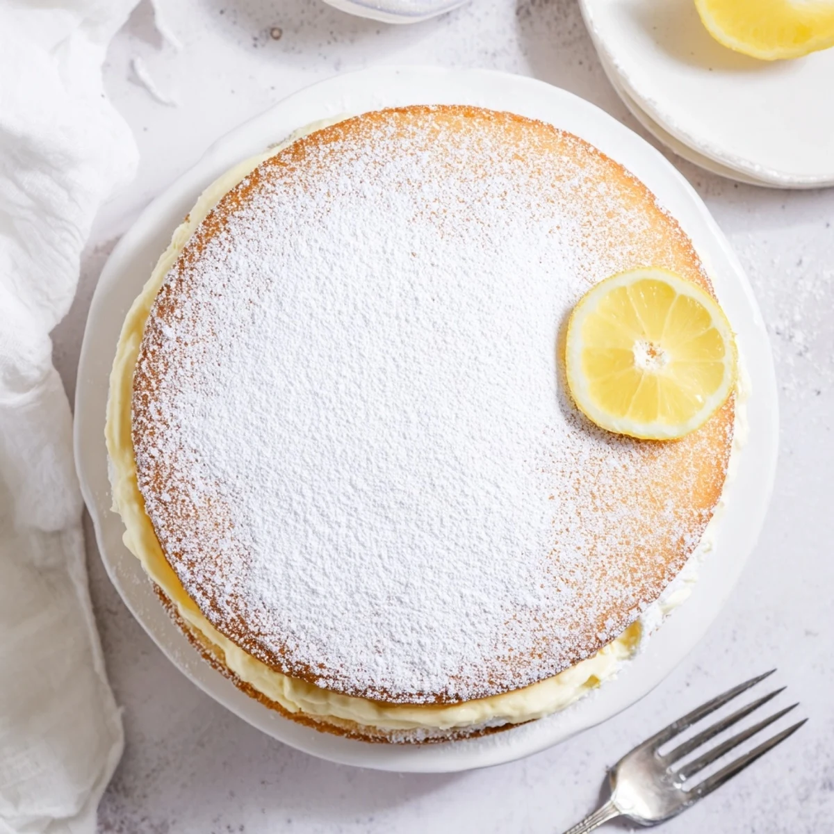 Elegant Italian lemon cream cake on white serving plate topped with fresh lemon zest garnish