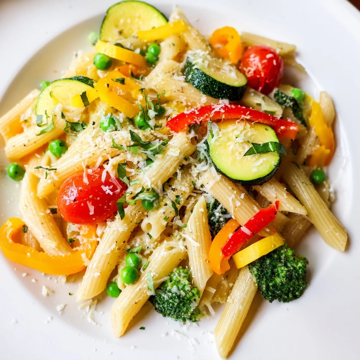 Colorful pasta primavera with crisp zucchini bell peppers and broccoli in light olive oil sauce