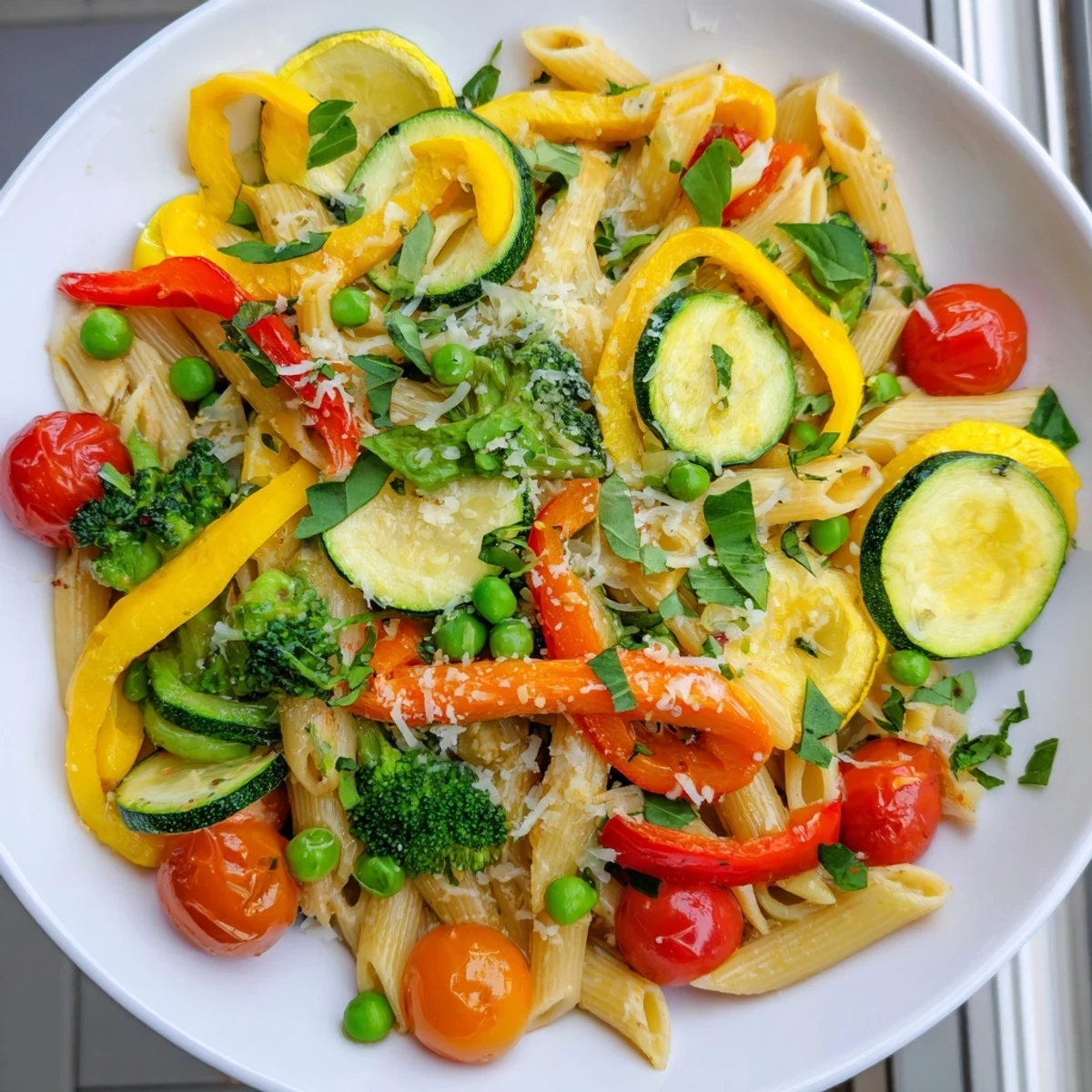 Fresh pasta primavera tossed with spring vegetables cherry tomatoes and grated Parmesan cheese