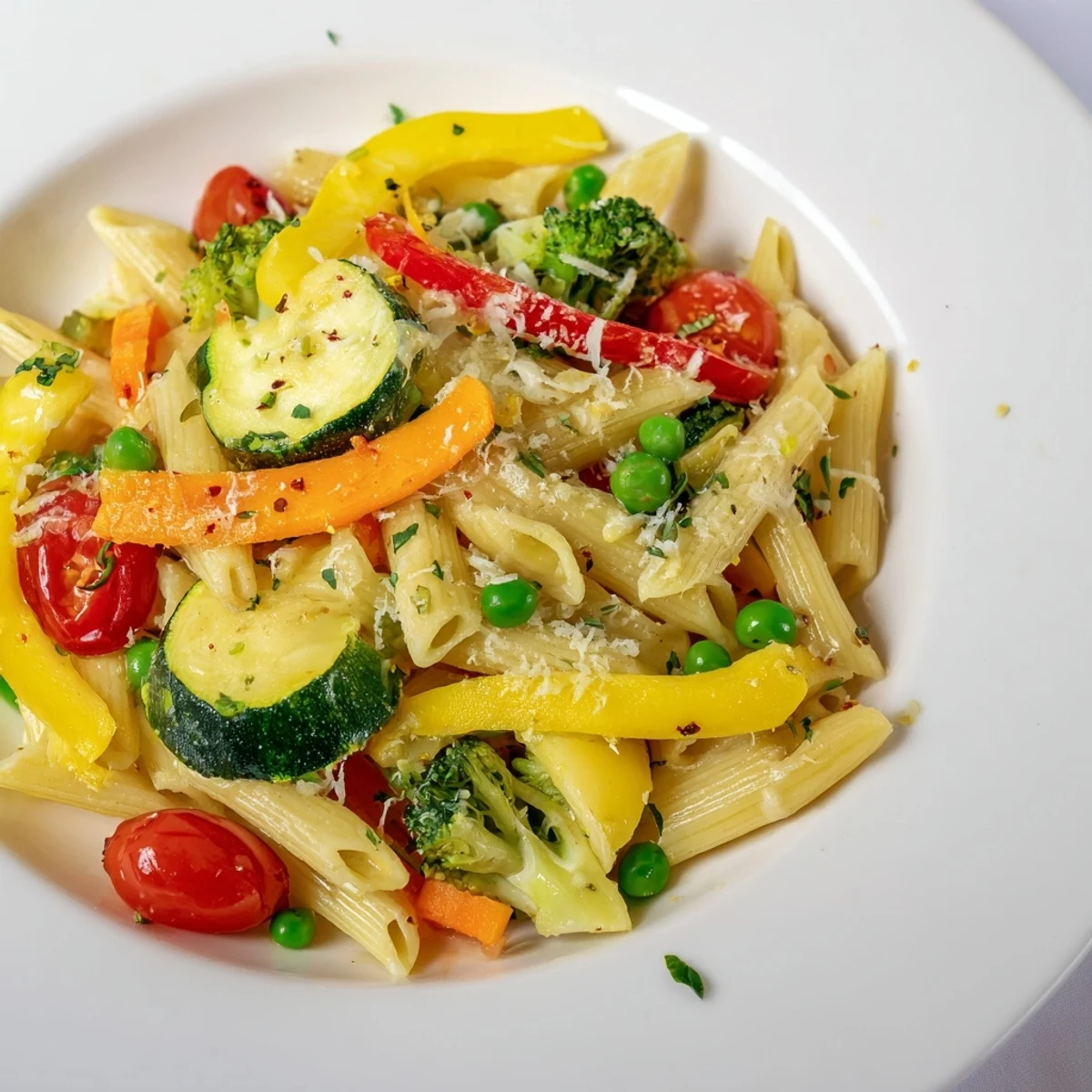 Vibrant pasta primavera dish featuring al dente penne with tender seasonal vegetables and herbs
