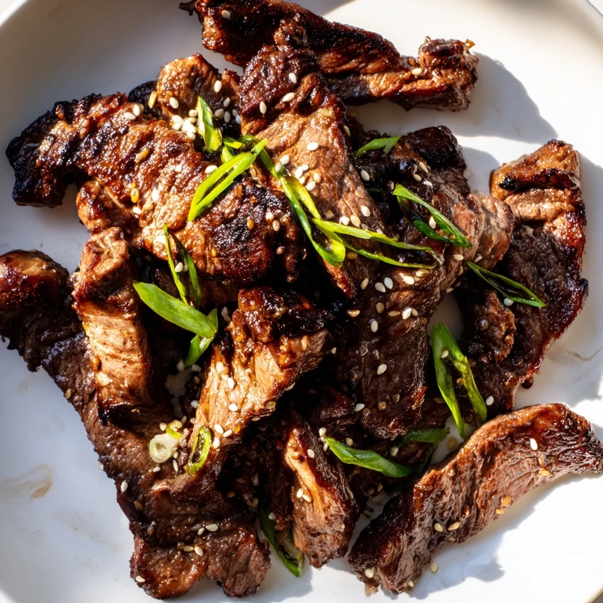 Plate of Korean Galbi grilled ribs showcasing caramelized char marks and tender meat slices garnished with sesame seeds