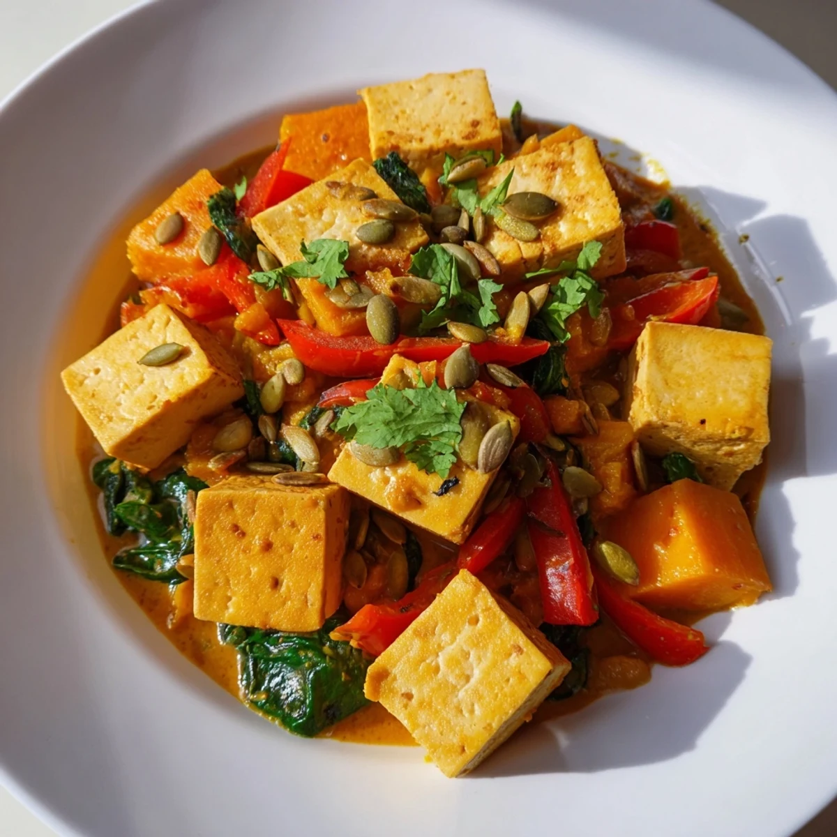 Golden pumpkin cubes and crispy tofu simmered in fragrant coconut curry sauce with fresh spinach