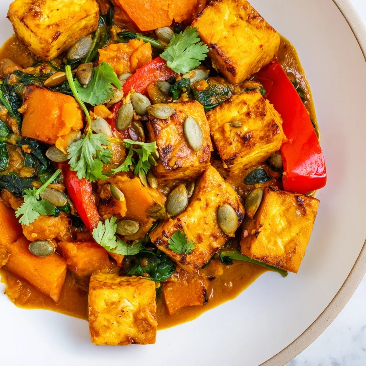 Hearty vegetarian pumpkin tofu curry topped with cilantro in a rustic serving bowl
