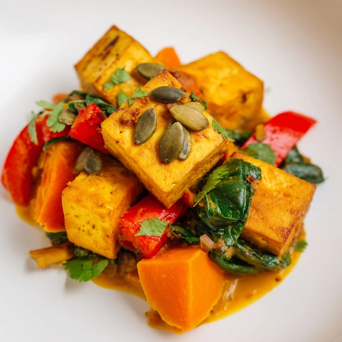 Creamy Indian-spiced pumpkin and tofu curry served steaming hot over fluffy white rice