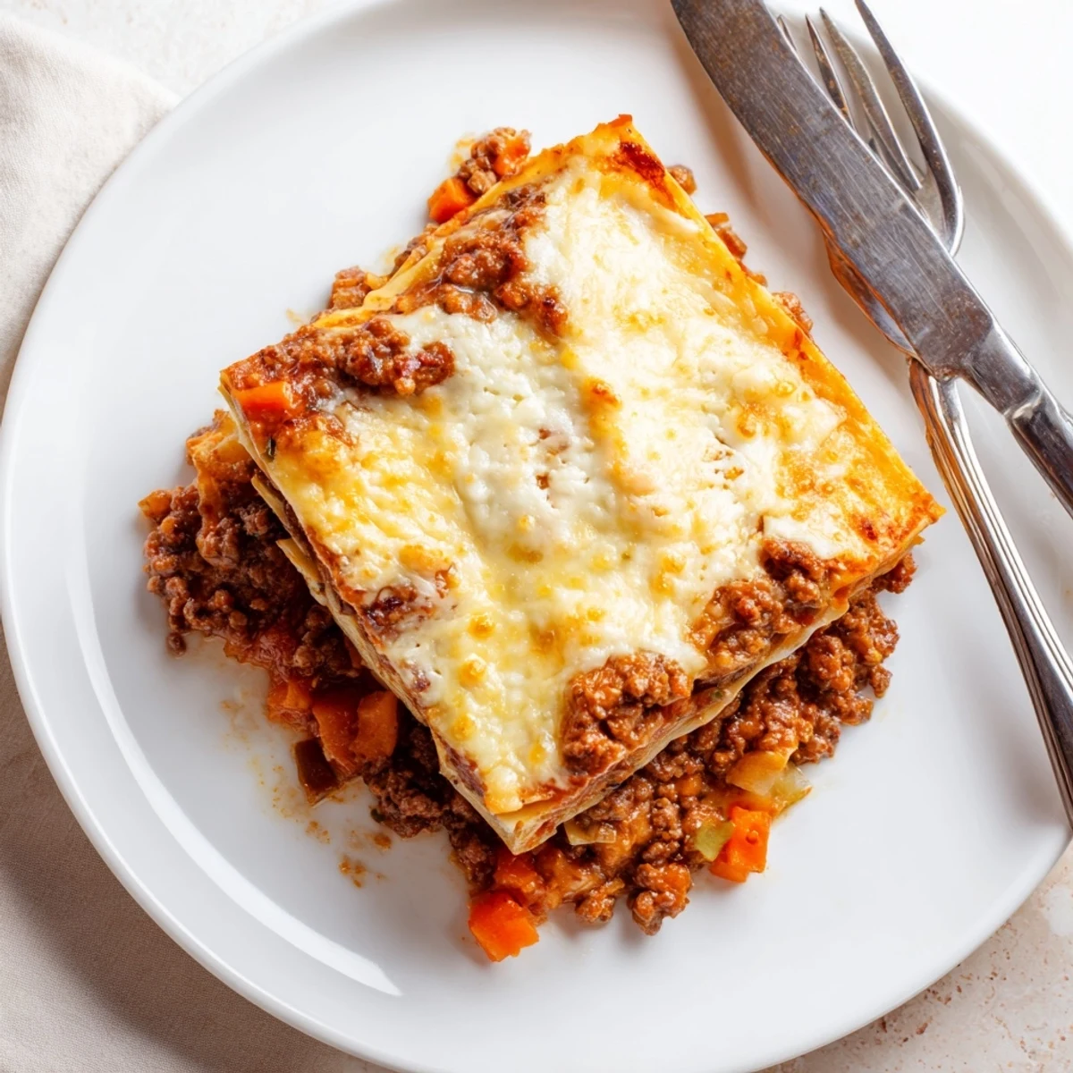 Square slice of Classic Beef Lasagne showing tender pasta sheets with creamy béchamel