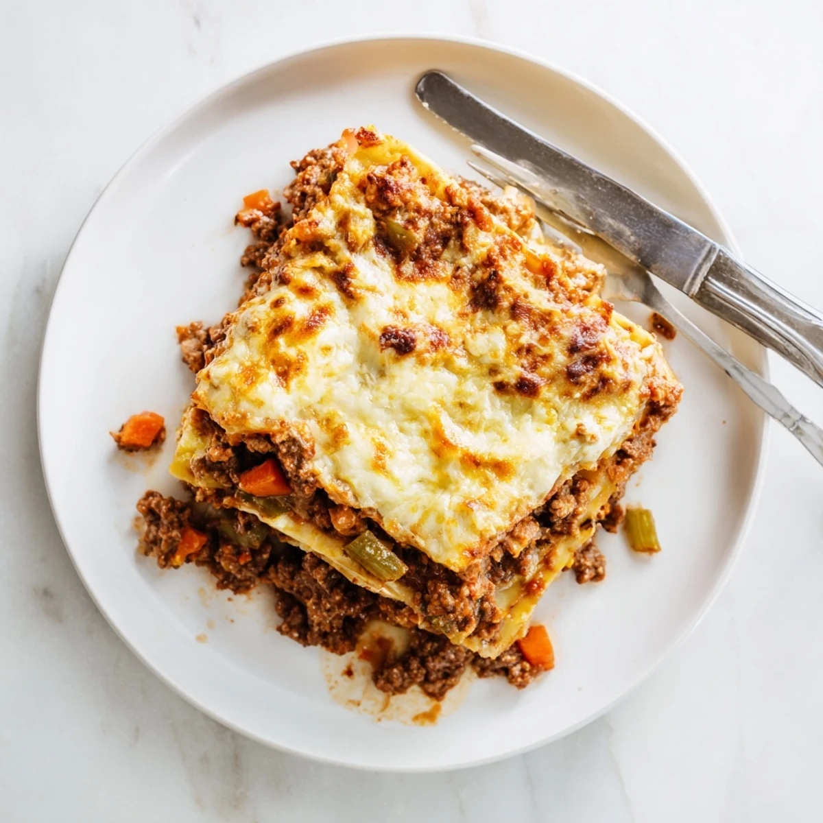 Golden bubbly Classic Beef Lasagne with layers of rich meat sauce and melted cheese