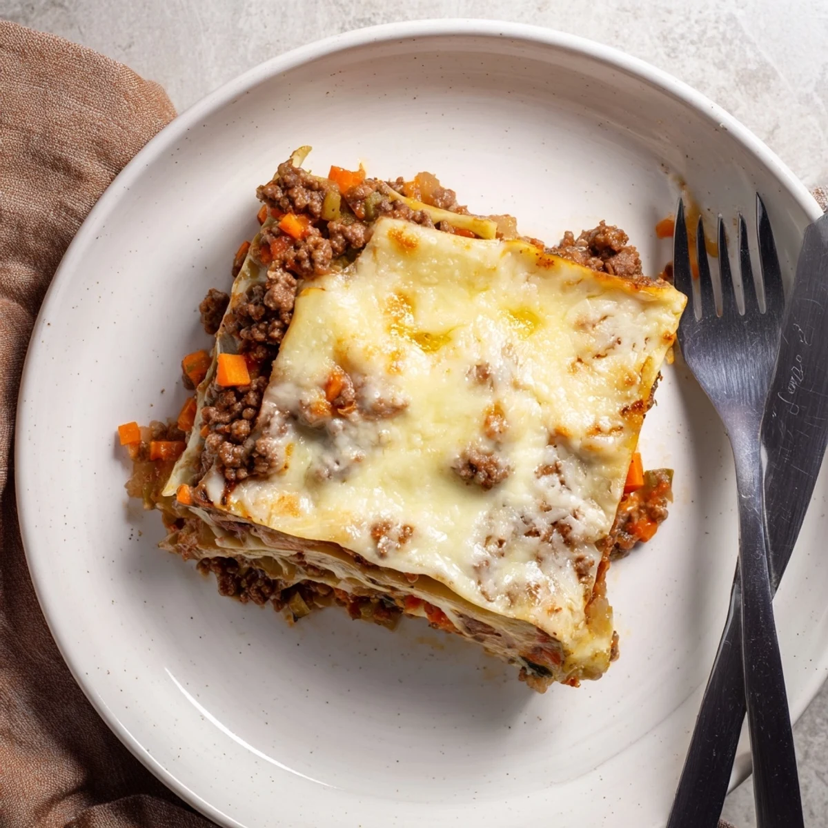 Freshly baked Classic Beef Lasagne topped with browned mozzarella and grated Parmesan cheese
