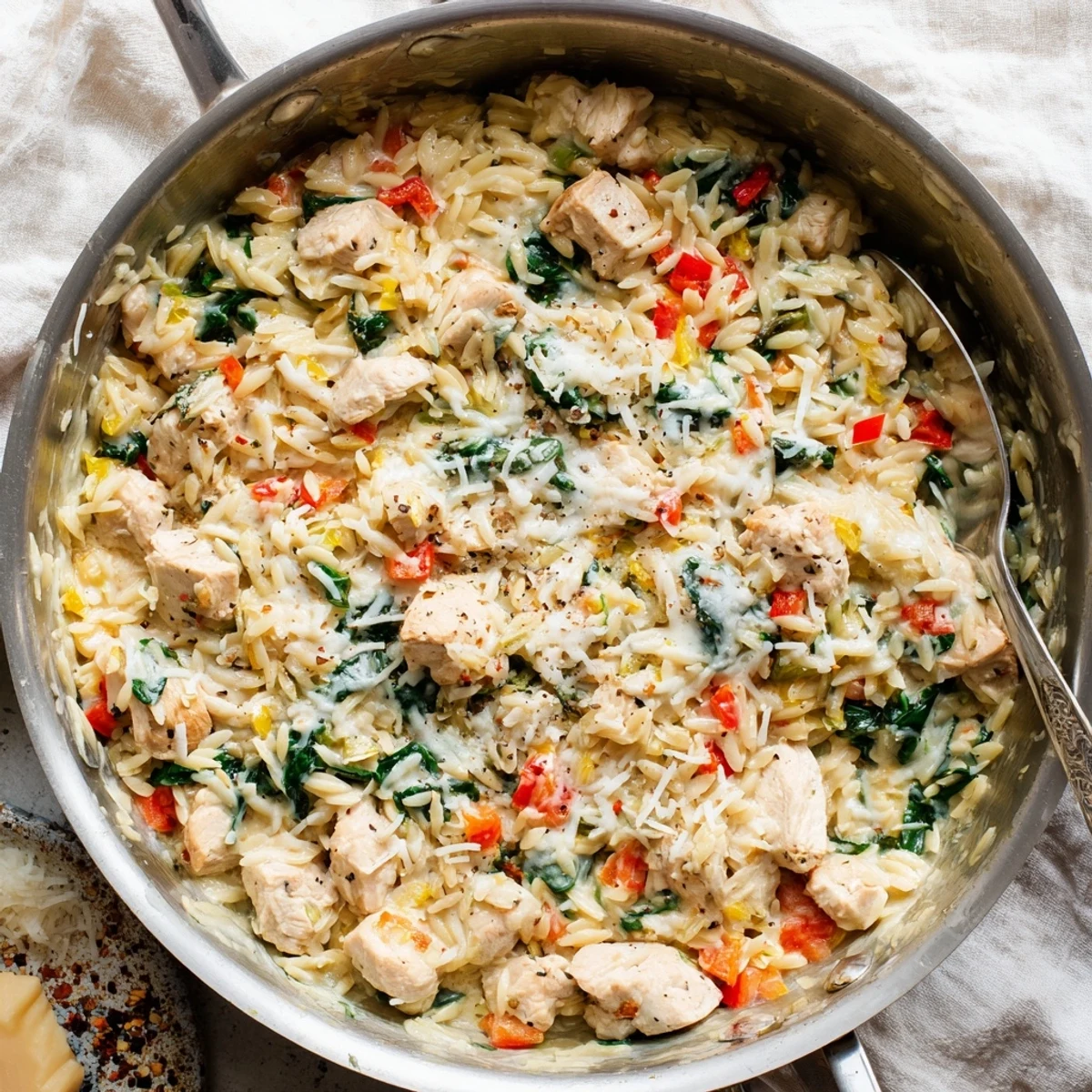 Golden creamy 30 minute cheesy chicken risoni skillet topped with melted mozzarella and fresh spinach