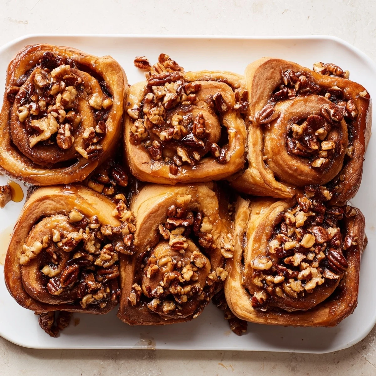 Golden Vietnamese cinnamon date sticky buns dripping with warm caramel glaze on a serving platter