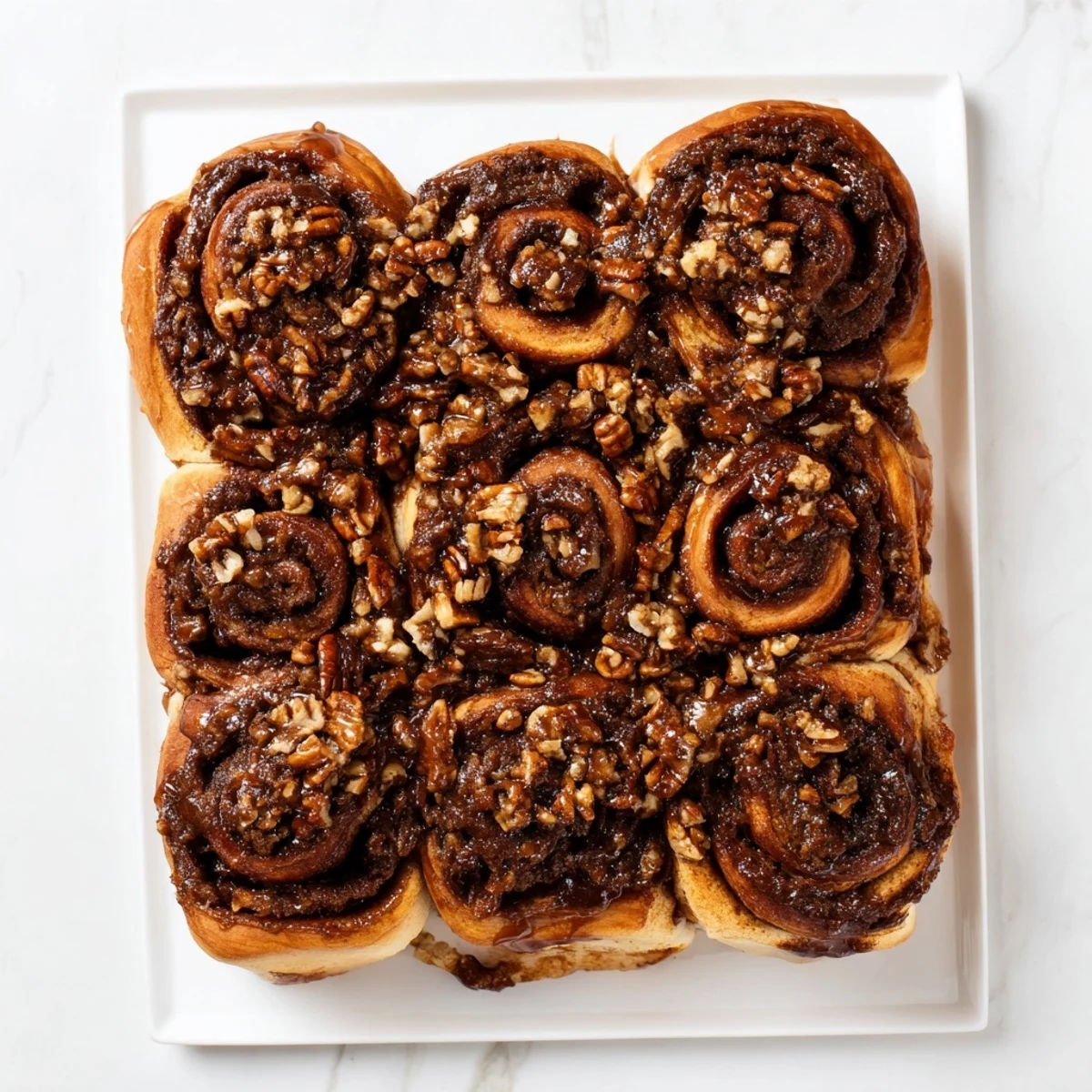 Freshly baked Vietnamese cinnamon date sticky buns flipped onto a plate showcasing their sticky sweet topping