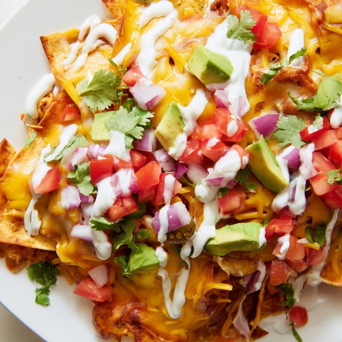 Golden melted cheese blankets crispy tortilla chips topped with savory baked bean nachos and fresh colorful vegetables