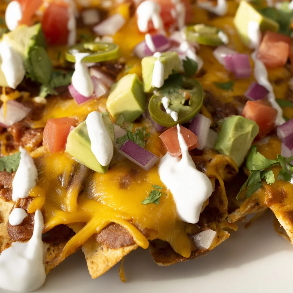 Baked bean nachos piled high with melted cheddar Monterey Jack diced tomatoes avocado and creamy sour cream