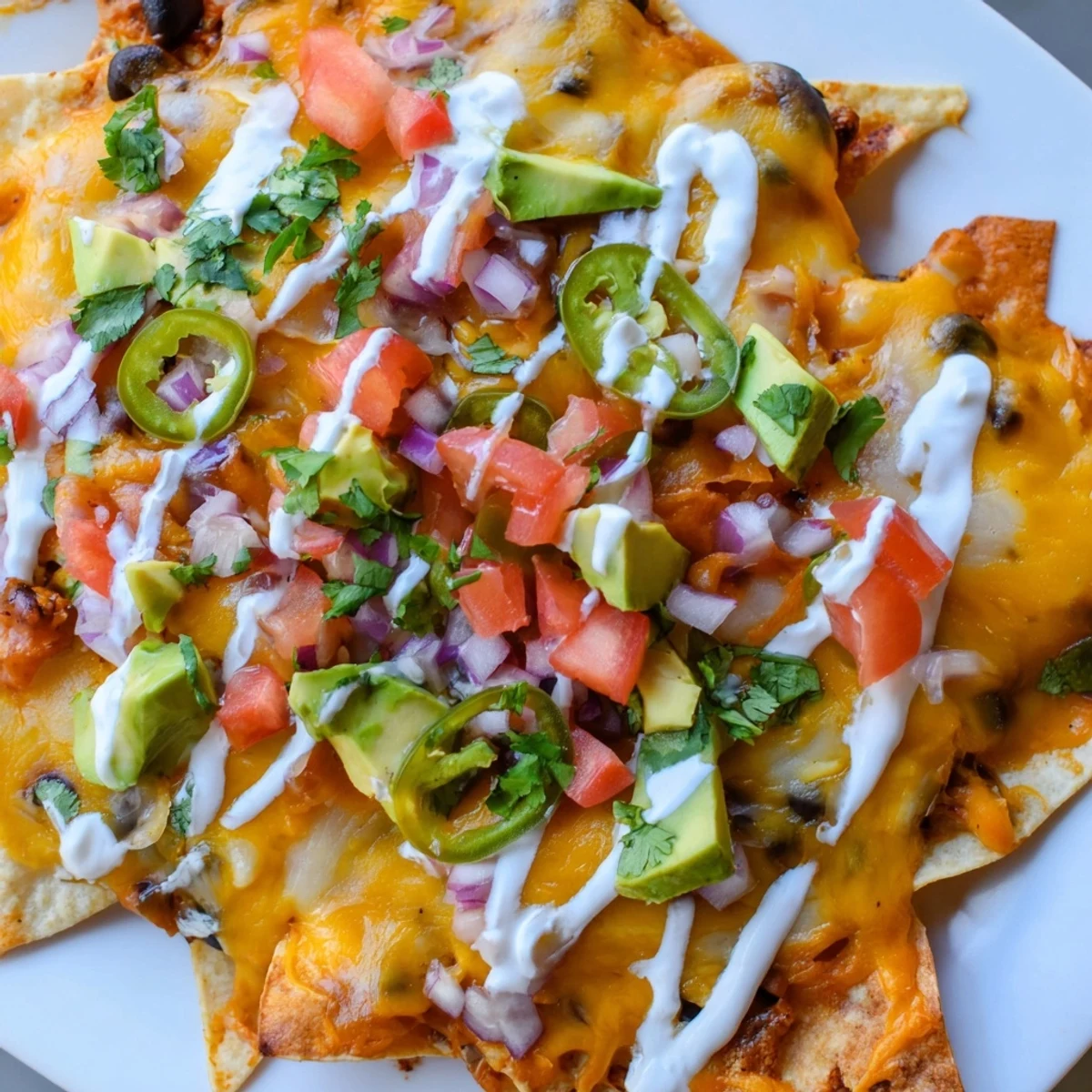Crispy tortilla chips loaded with baked beans bubbling cheese fresh jalapeño cilantro and ripe avocado chunks