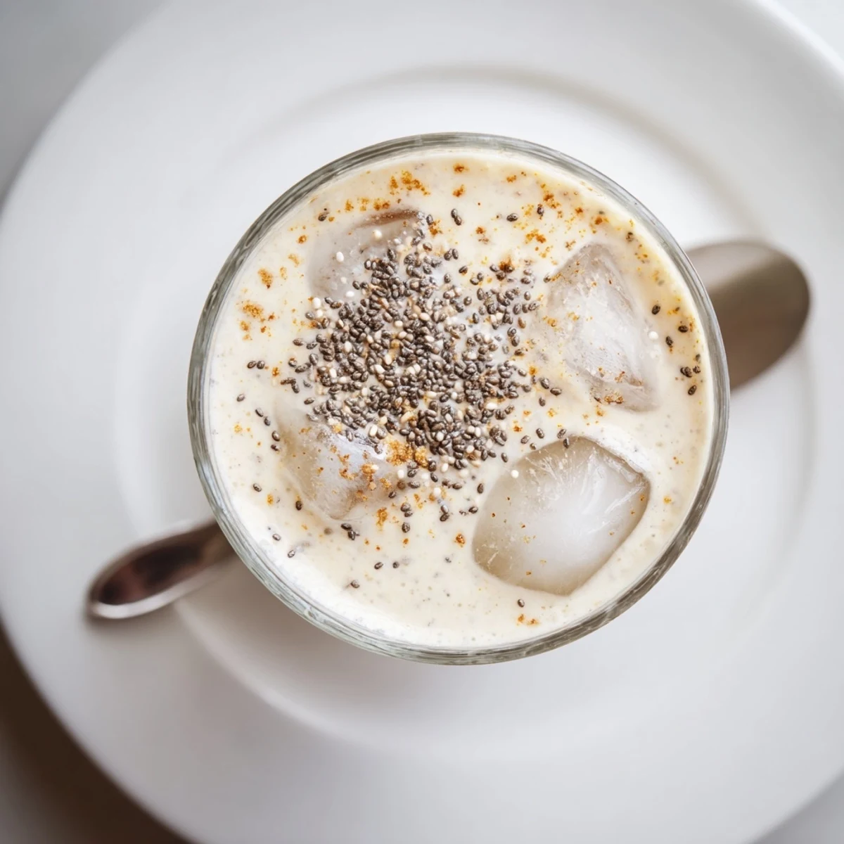 Thick creamy Greek yogurt banana smoothie topped with fresh banana slices and a sprinkle of cinnamon