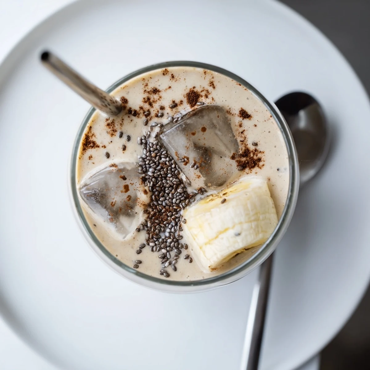 Velvety smooth Greek yogurt banana smoothie garnished with granola and drizzled with honey in a bright kitchen