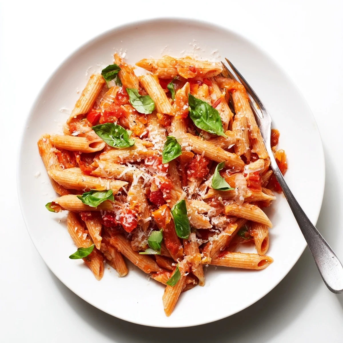 Close-up of al dente 20 minute penne pasta tossed with garlic tomato sauce and melted Parmesan cheese