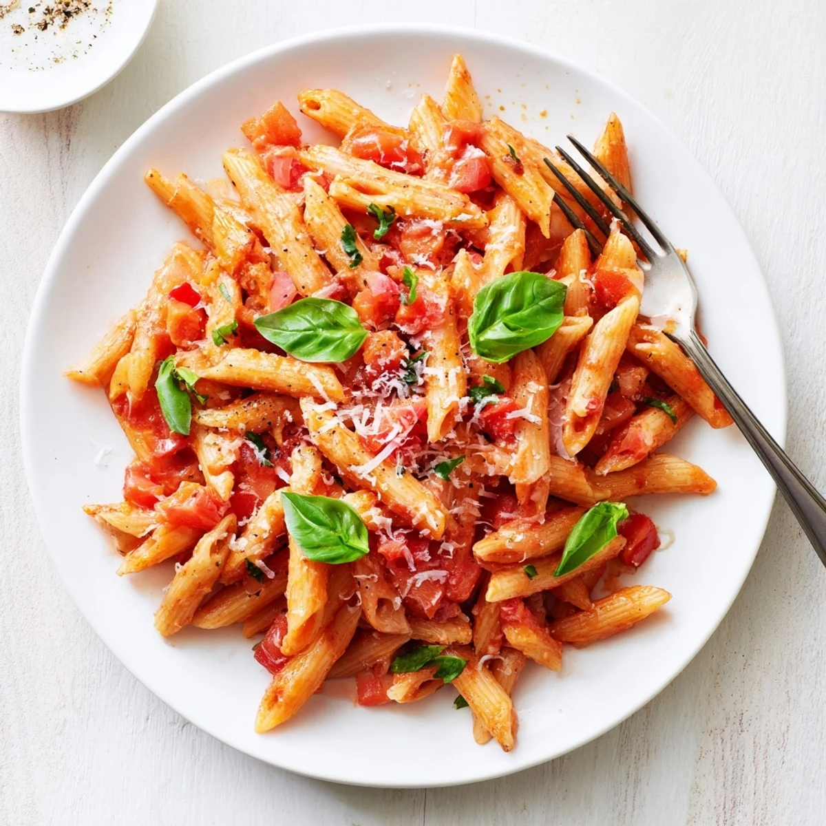 Steamy bowl of 20 minute penne pasta coated in vibrant red tomato sauce with fresh basil sprinkles