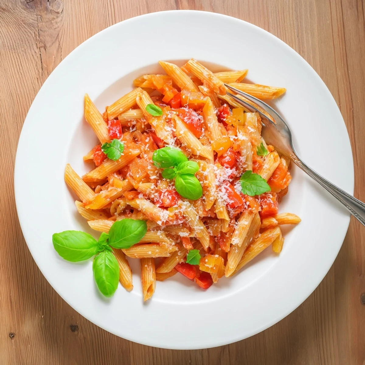 Twirled forkful of 20 minute penne pasta showcasing chunky tomato sauce and green basil garnish