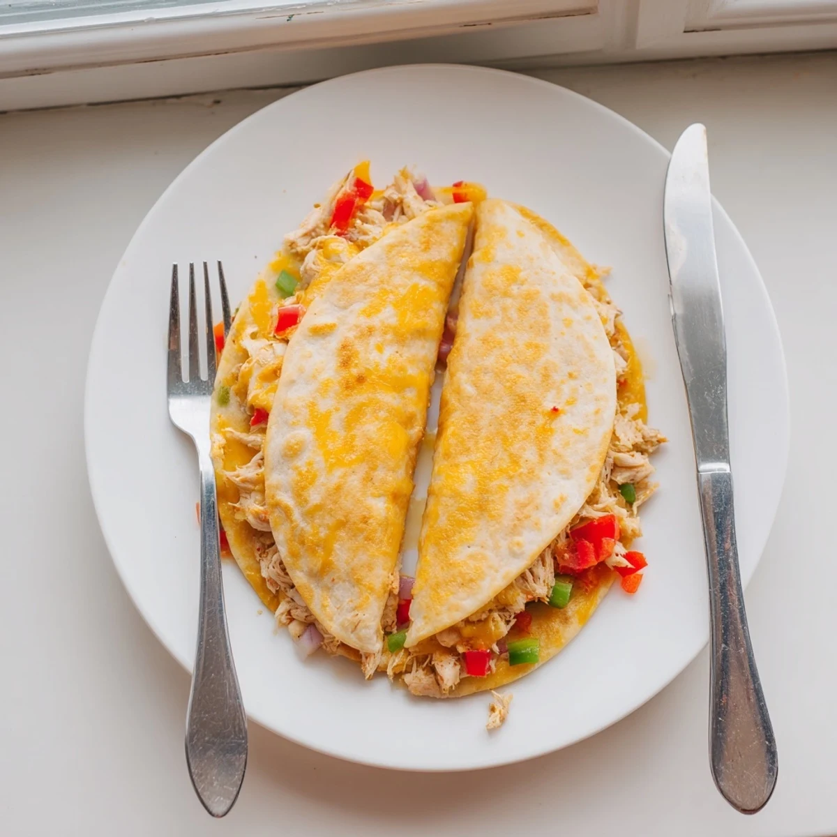Golden chicken quesadillas sliced into wedges, revealing melted cheese and colorful bell peppers inside