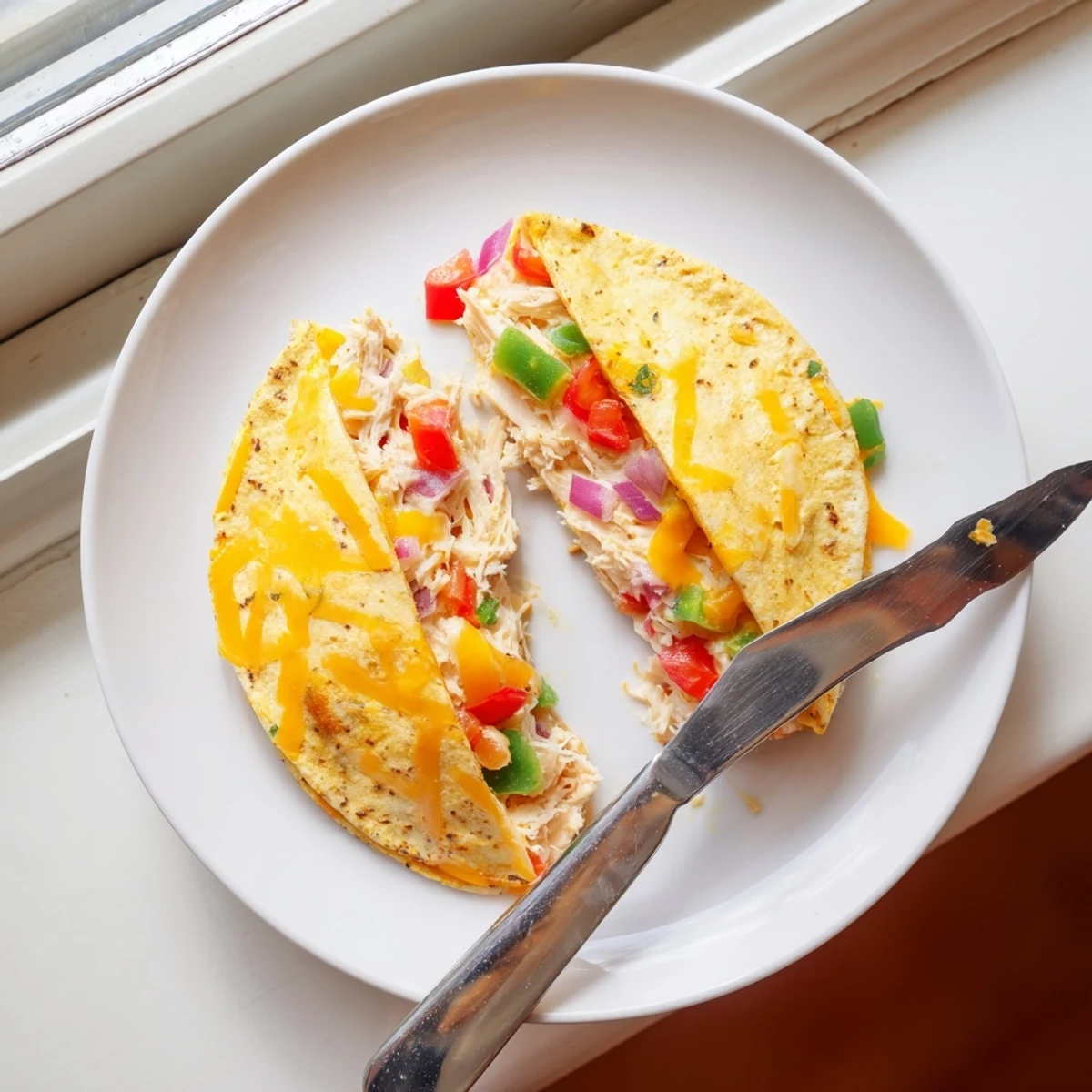 Crispy pan-fried chicken quesadillas with seasoned shredded meat and bubbling cheddar cheese on a platter