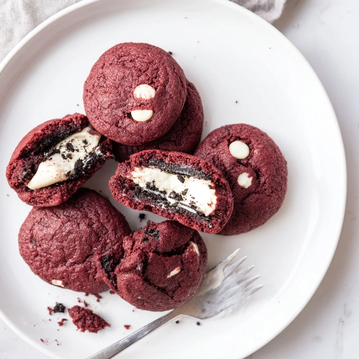 Freshly baked homemade red velvet Oreo cookies stuffed with creamy white chocolate filling