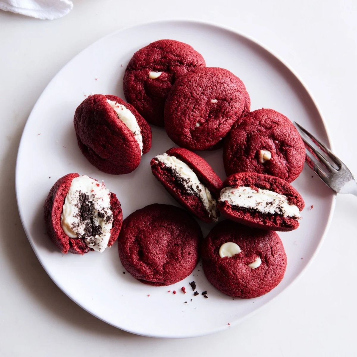 Homemade red velvet Oreo cookies on cooling rack with soft centers and crisp edges