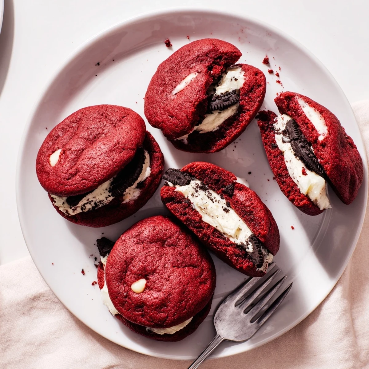 Chewy red velvet cookies with Oreo cream cheese center and white chocolate chips