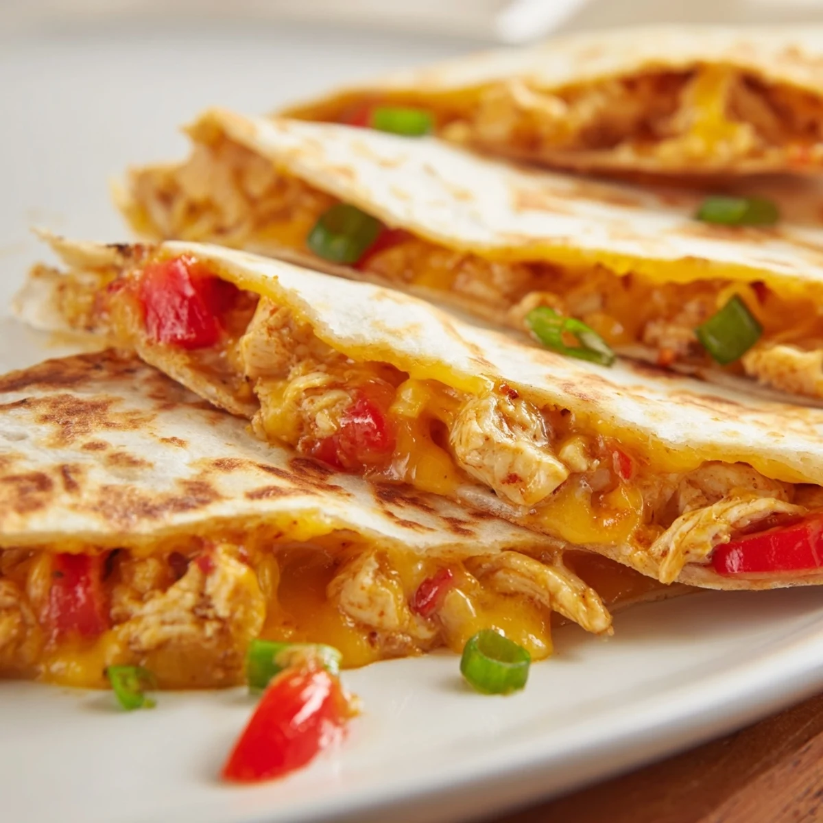 Golden baked chicken and cheese quesadillas cut into wedges on a white serving plate