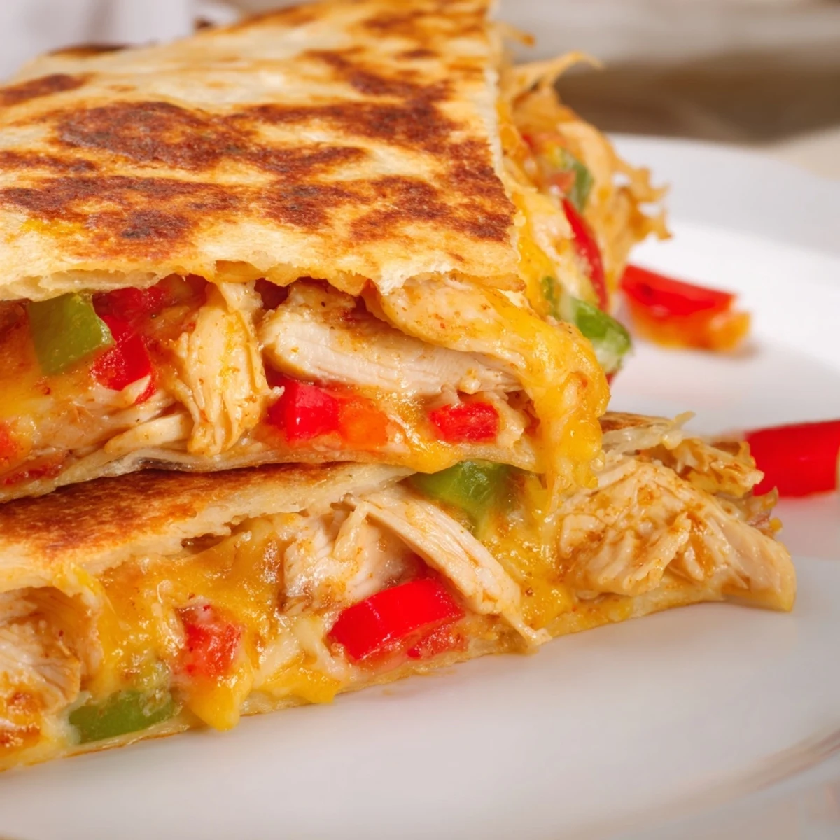 Easy chicken and cheese quesadillas arranged on a wooden board with salsa and sour cream