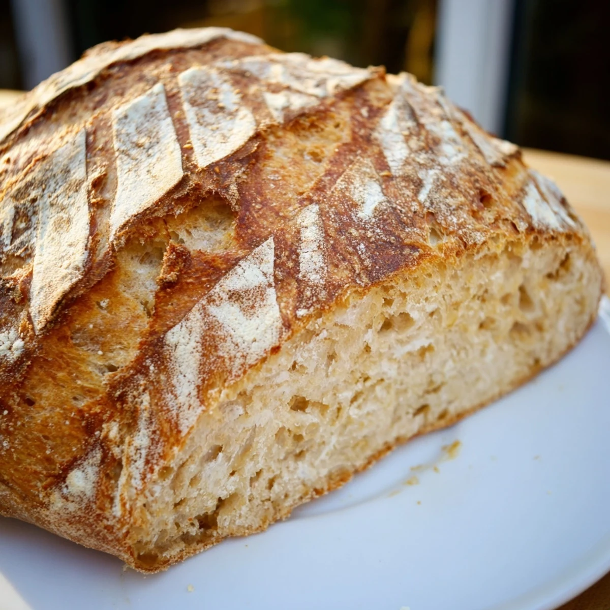 Freshly baked easy rustic bread loaf with golden crust on wooden cutting board