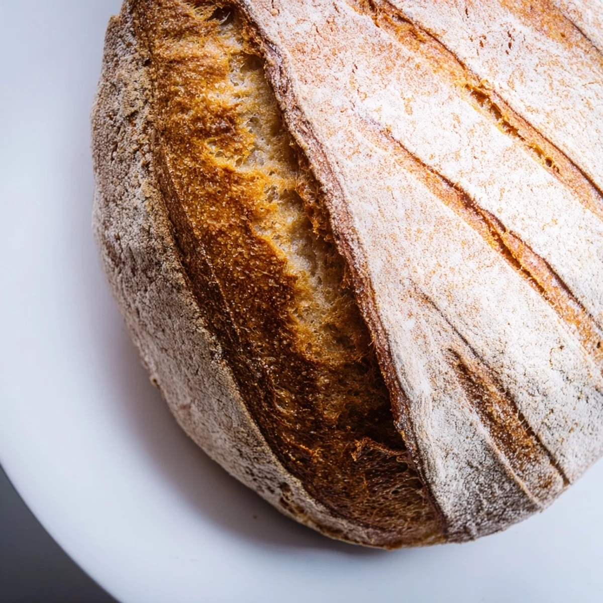 Artisan easy rustic bread sliced open revealing chewy interior on serving board