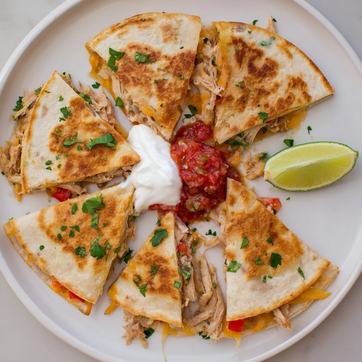 Golden crispy chicken quesadillas with melted cheese and colorful diced vegetables on a platter