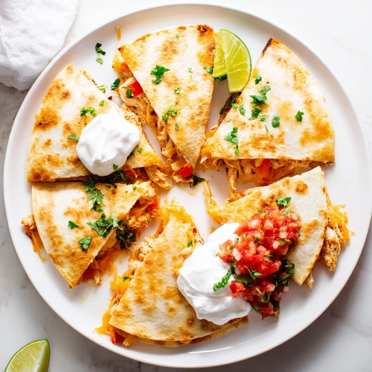 Half-moon shaped chicken quesadillas pan-fried to golden perfection with oozing melted Monterey Jack cheese