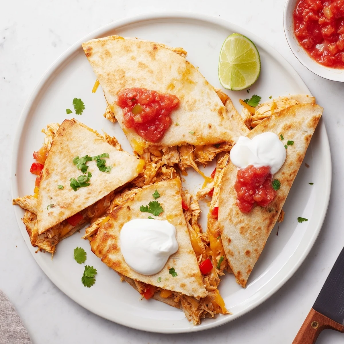 Cut wedges of crispy chicken quesadillas topped with fresh cilantro and served with lime wedges