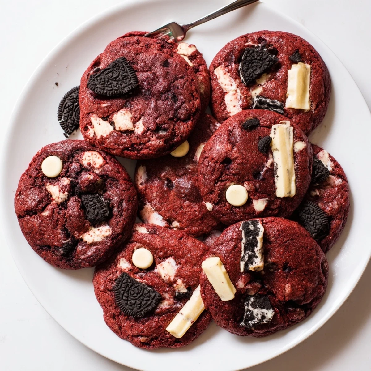 Soft red velvet Oreo cookies with white chocolate chips and visible Oreo chunks on a white plate