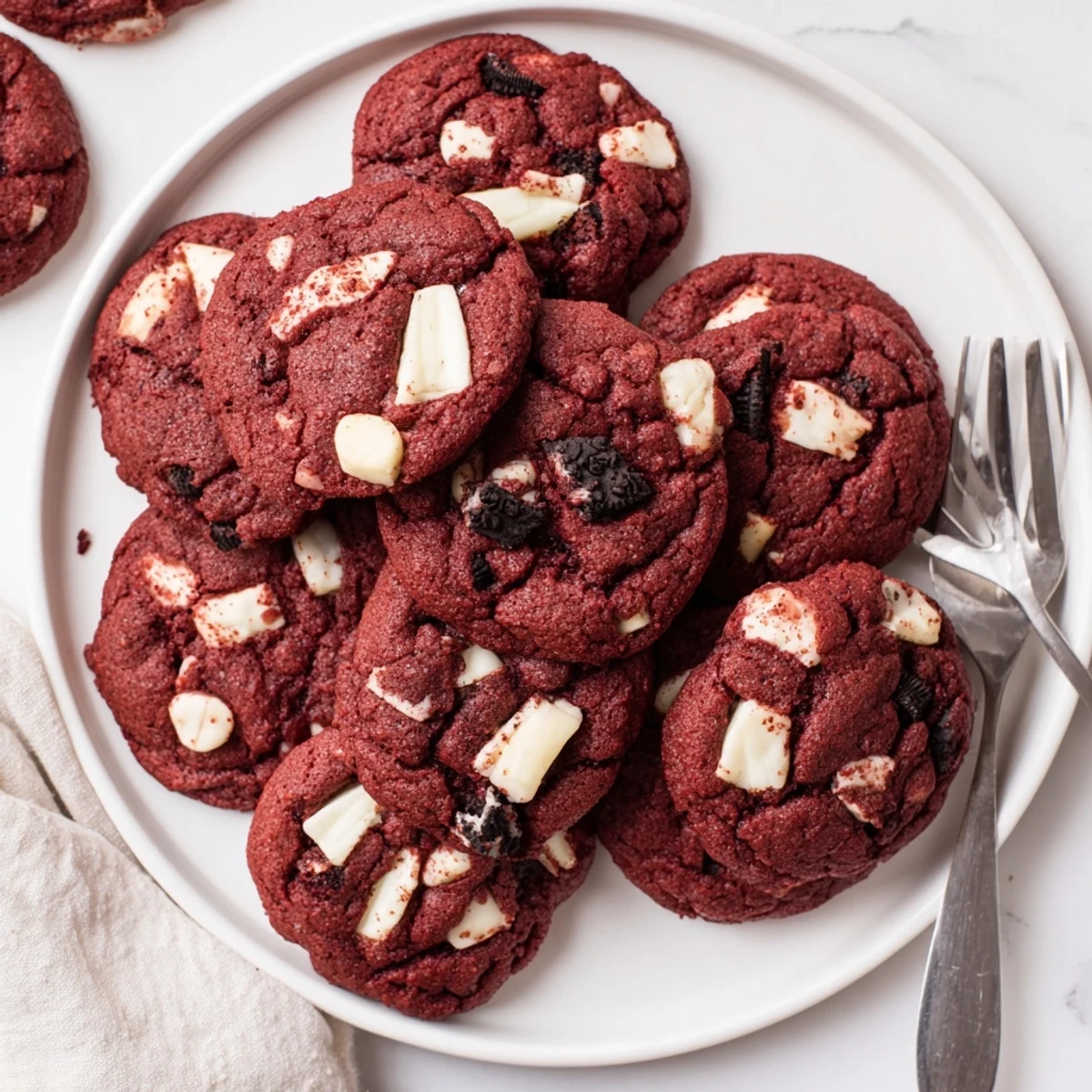 Chewy red velvet Oreo cookies featuring cream-filled cookie pieces and white chocolate chips stacked on a baking sheet