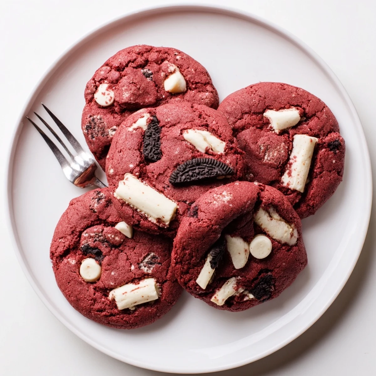 Freshly baked red velvet Oreo cookies showing their crumbly texture and cookies-and-cream mix-ins on a wire cooling rack
