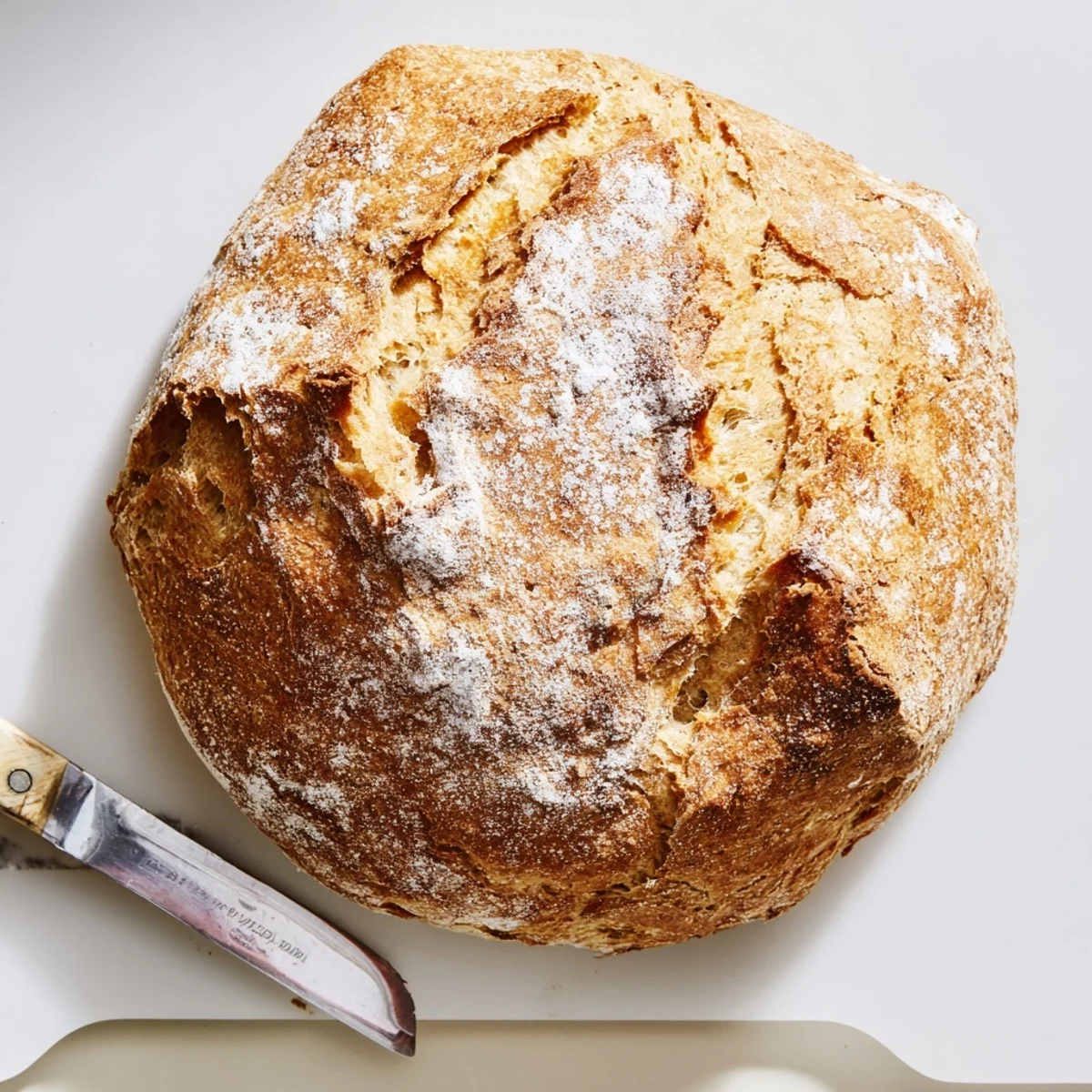 Golden artisan no knead bread loaf with crackly crust and soft chewy interior