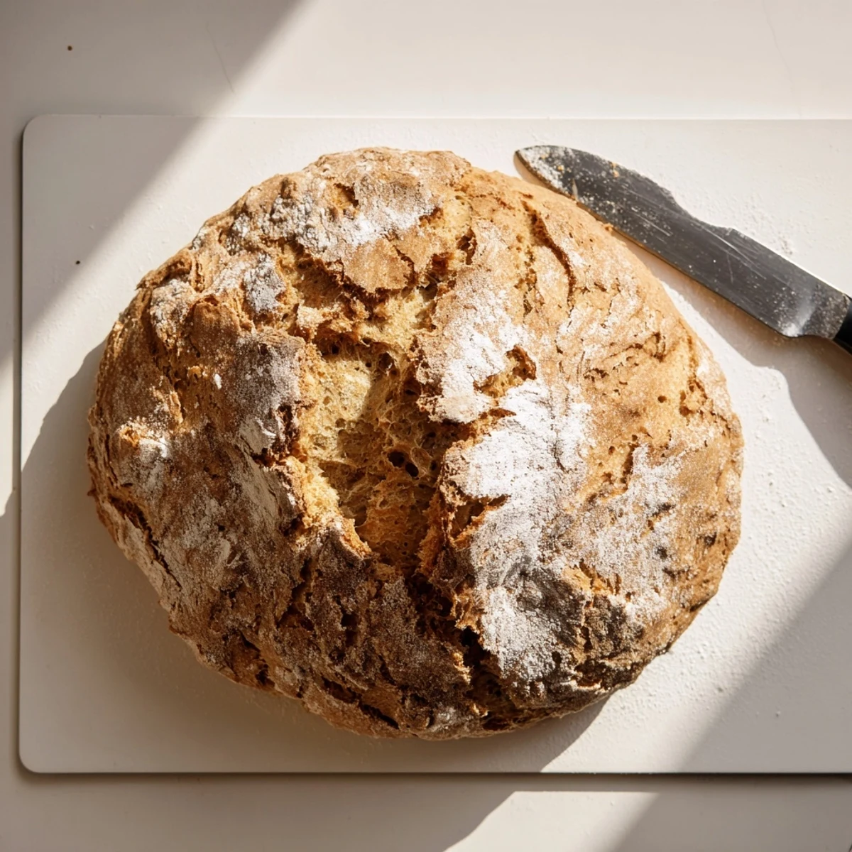 Rustic no knead bread baked in dutch oven until deep golden brown