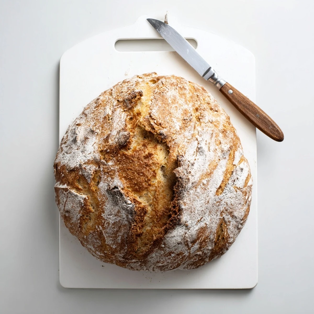 Homemade artisan no knead bread cooling on wire rack ready for slicing