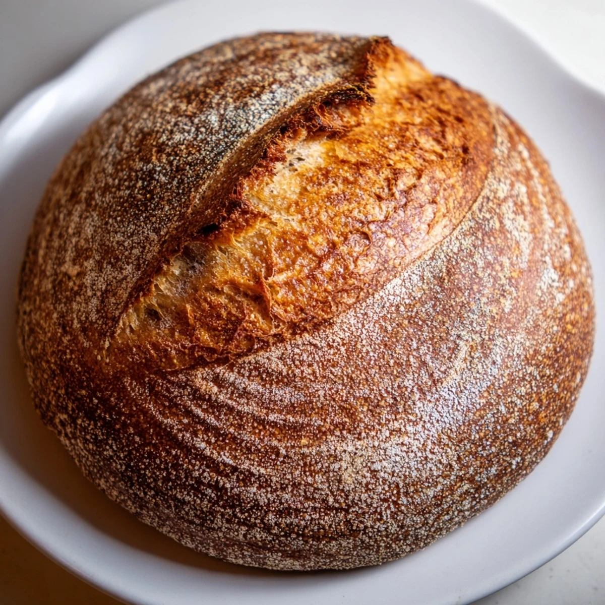 Golden brown crusty bread loaf with crackling surface and airy chewy interior