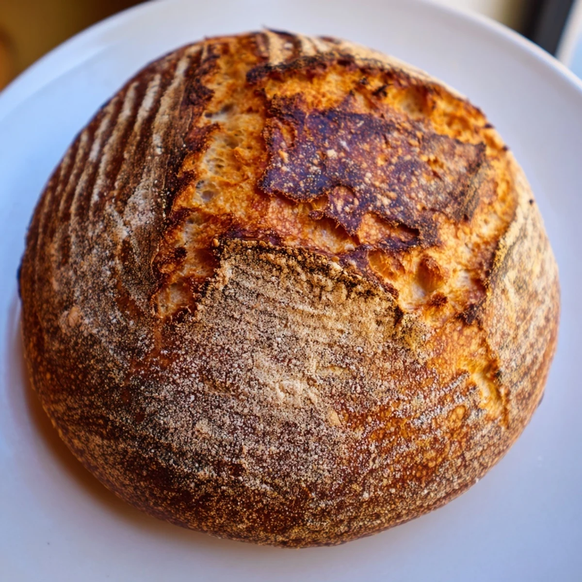Freshly baked crusty bread cooling on wire rack with deep golden exterior