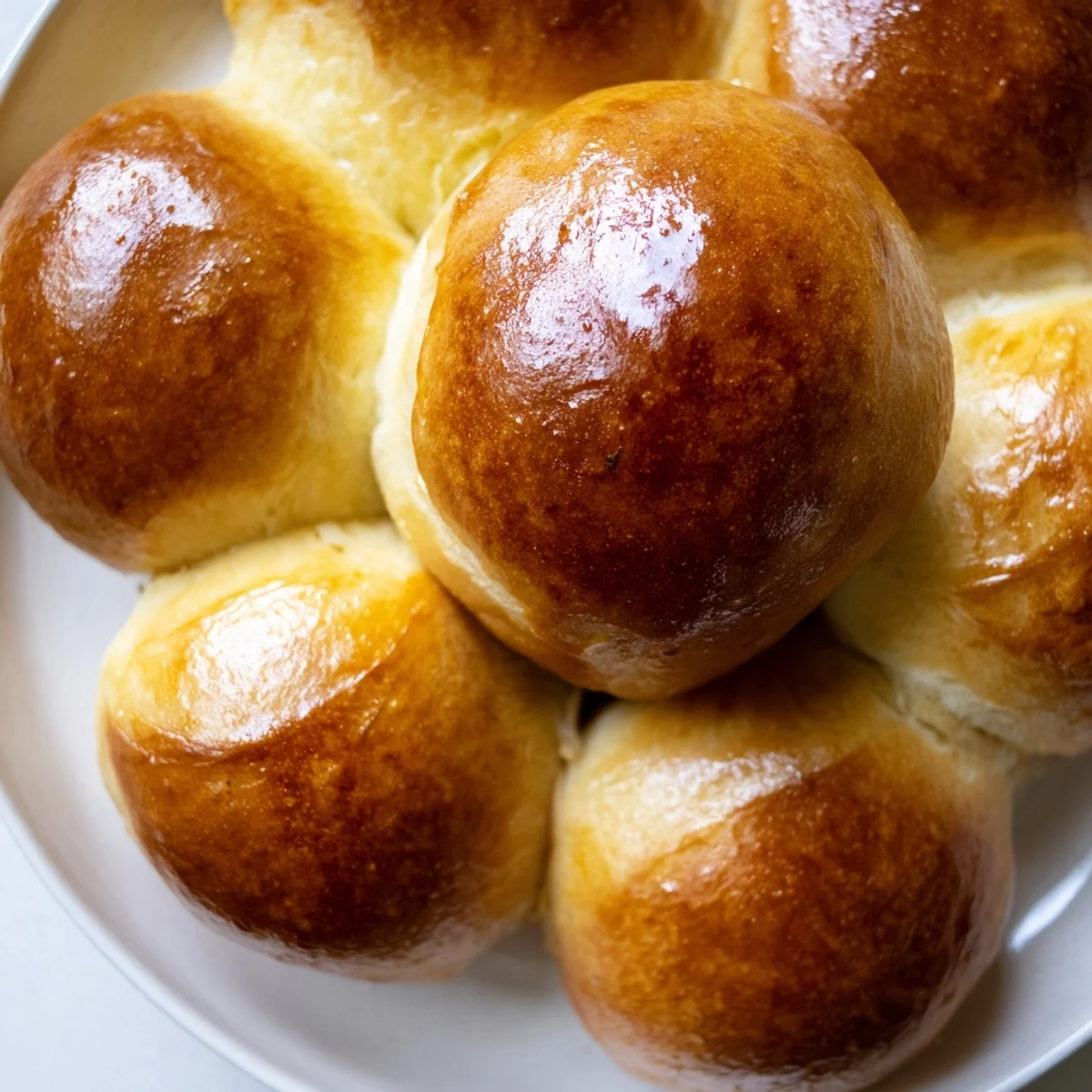 Soft pillowy Buttery Bliss Brioche Rolls fresh from the oven with rich buttery layers visible