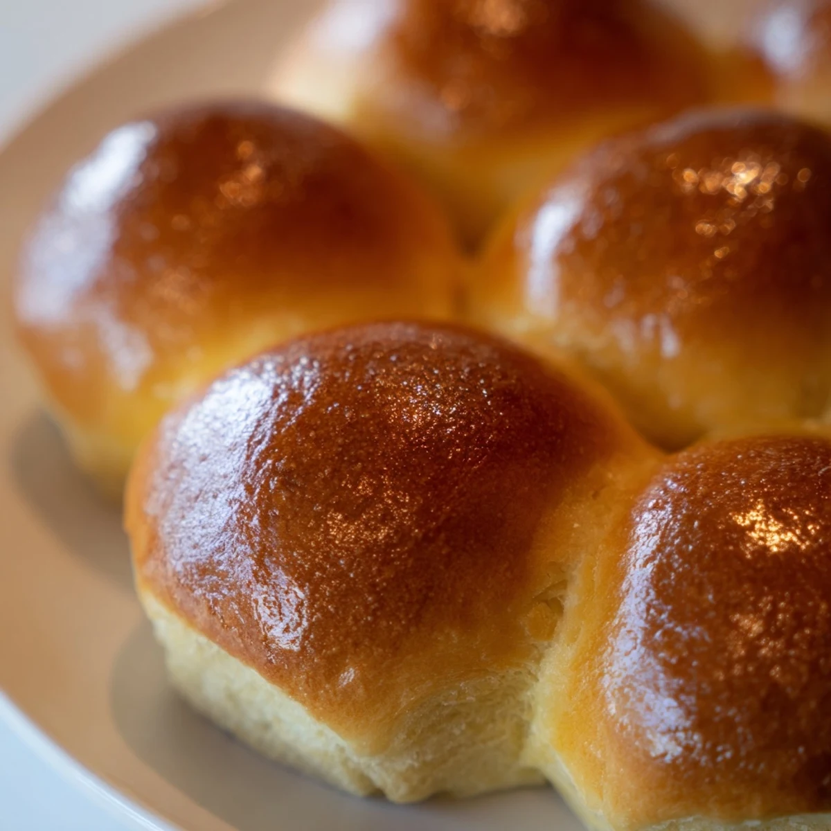 Golden brown Buttery Bliss Brioche Rolls arranged in a baking pan with glossy egg-washed tops